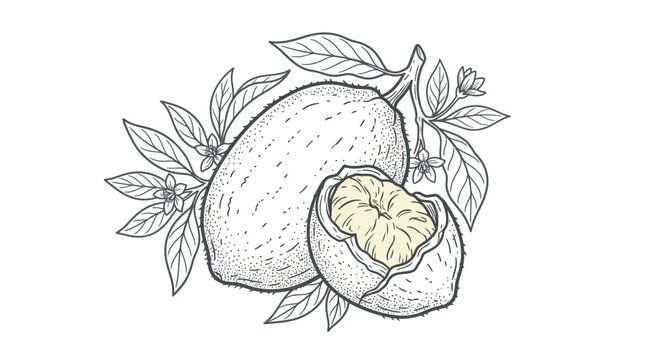 Sleek Botanical of a Cut Jackfruit with Detailed Leaves and Flowers in Monochromatic Line Art with high quality professional line art symbols for modern creative design and digital branding projects