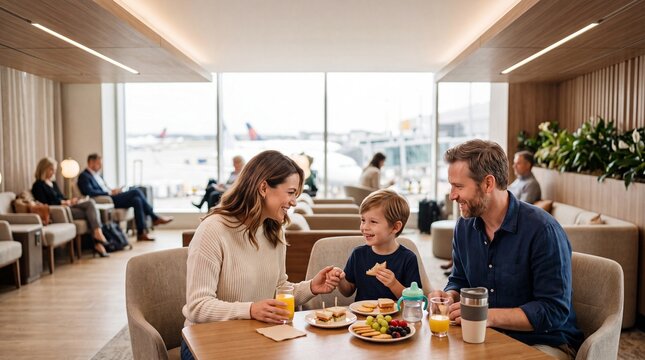 A happy family enjoys a meal together in a modern, luxurious airport lounge, with large windows offering a view of the tarmac and an airplane.