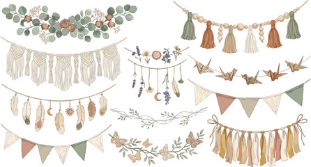 Bohemian garland and bunting vector set featuring macrame tassels feathers origami cranes eucalyptus leaves and rustic hanging celebration ornaments graphic illustrations. © Mdsabbir