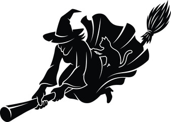 Fototapeta premium Happy helloween day silhouette of witch flying on broom with black cat spooky illustration