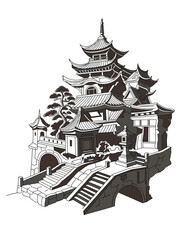 Fototapeta premium Traditional Japanese pagoda building architecture illustration with stone stairs and decorative garden pine tree black white