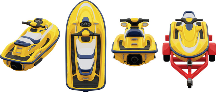 Yellow Jet Ski and Personal Watercraft Vector Element Set with Top, Isometric, Rear, and Red Transport Trailer Views for Summer Marine Graphics