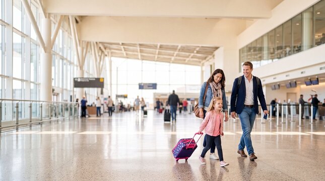 A family of three, parents and a young daughter, walk hand-in-hand through a modern, sunlit airport terminal, pulling luggage and embarking on a journey filled with anticipation.