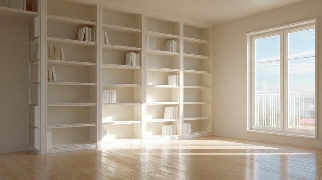 clean empty bookshelf in modern home, minimalistic environment, soft daylight, ultra realistic 8k 