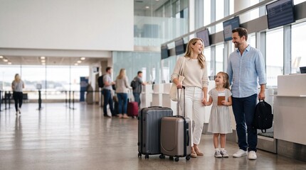Obraz premium A happy family with luggage walks through a bright, modern airport terminal, ready for their next adventure.