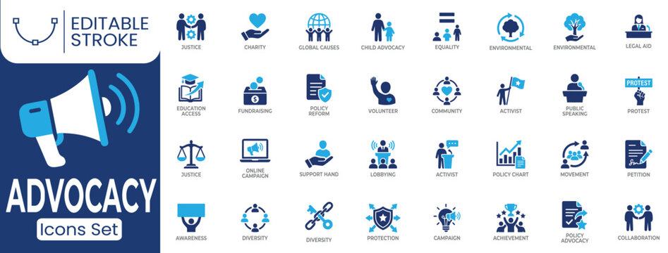 Advocacy icon set. Containing justice, charity, equality, volunteer, fundraising, protest, petition, policy advocacy, campaign, collaboration and more. Solid vector icons collection.