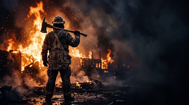 Brave firefighter holding an axe while standing before a massive raging fire at night