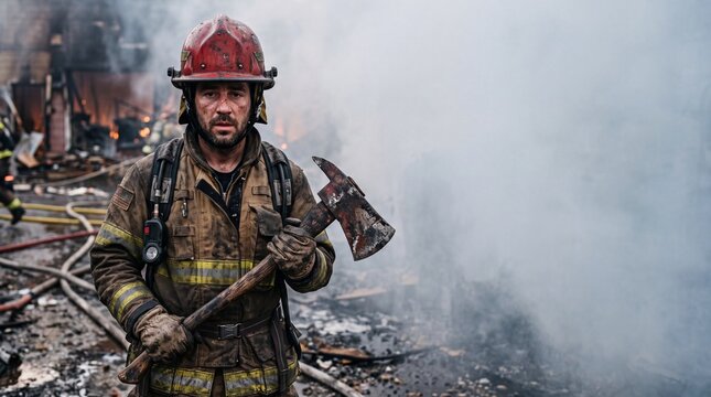 Portrait of a brave firefighter in soot-covered protective gear holding an axe at a smoky fire scene