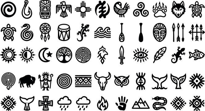 Indigenous tribal symbols and ethnic folk art line icons set with native culture spiritual totems tattoos outline vector elements