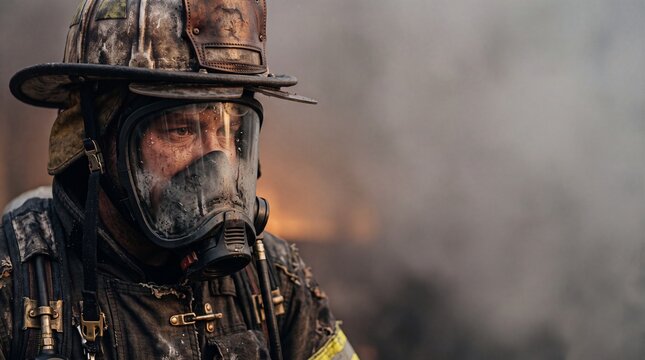 Close-up portrait of a brave firefighter in full protective gear and oxygen mask amidst thick smoke and fire