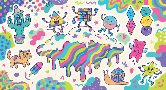Quirky surreal vector characters and patterns, exaggerated playful shapes, melting ice cream clouds, dancing geometric.eps