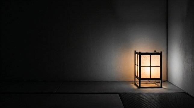 Minimalist Dark Washitsu with Warm Light from Square Andon Lantern