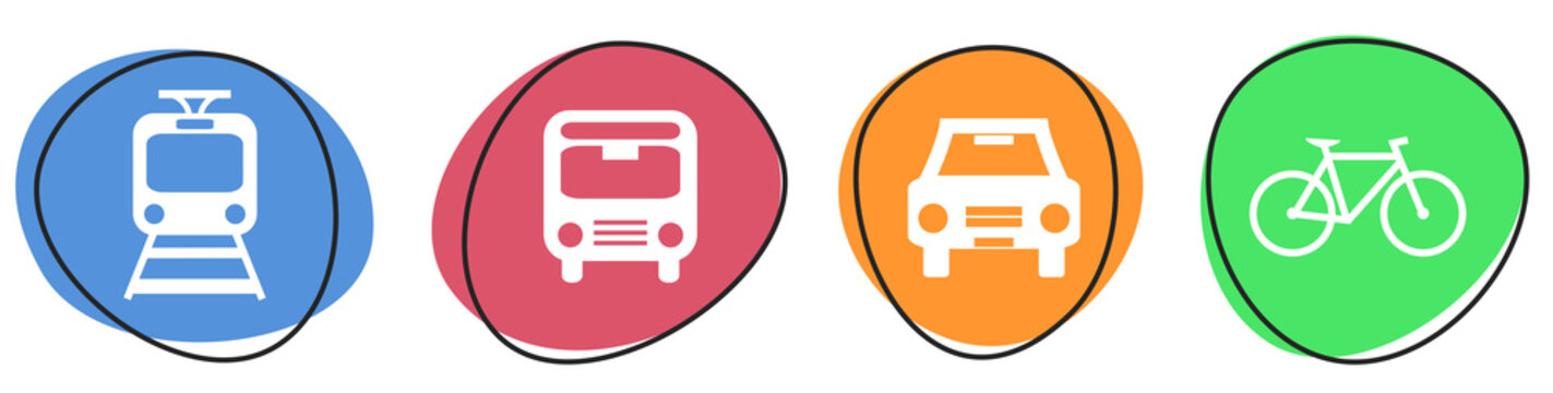 4 Verkehrsmittel Icons auf bunten Buttons