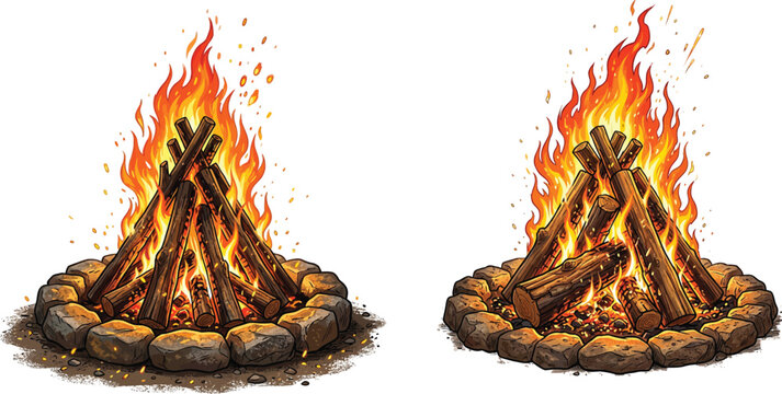 Burning campfire with blazing flames and wooden logs in stone ring campfire outdoors charcoal adventure illustration isolated background combustion relaxation