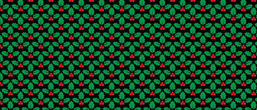 Traditional Christmas holly seamless pattern with green leaves and red berries on black. Elegant festive winter background for holiday decor. Repeating decorative texture for gift wrap.