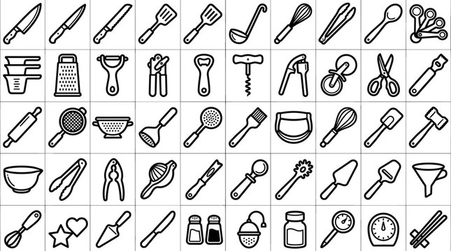 Kitchen utensils and cooking tools line icons set featuring chef knife spatula whisk grater ladle outline vector symbols