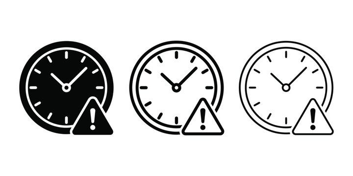 Time warning deadline alert icon silhouette vector, bold outline and line art isolated illustration