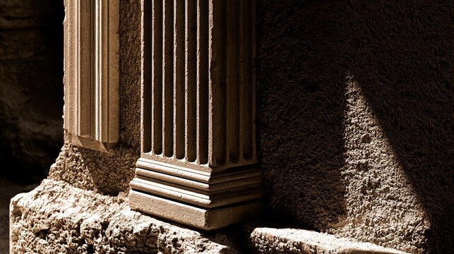 Aged stone archway jamb with carved surface, sun highlighting weathered texture, historical architecture photography