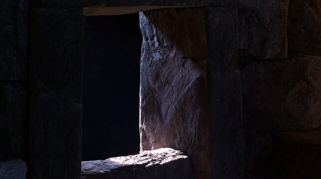 Ancient stone archway side jamb with carved textures, sunlight highlighting weathered details, architectural detail shot