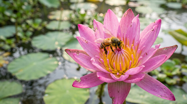 Close-Up Realistic Macro Shot of Honey Bee Pollinating Blooming Pink Lotus Flower in Calm Freshwater Pond at Sunrise