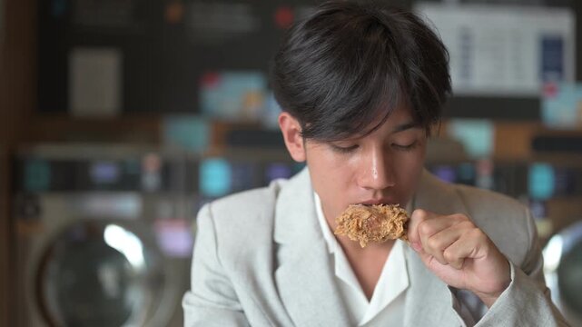 Portrait of non-binary Thai Isan person eating fried chicken drumstick at laundromat