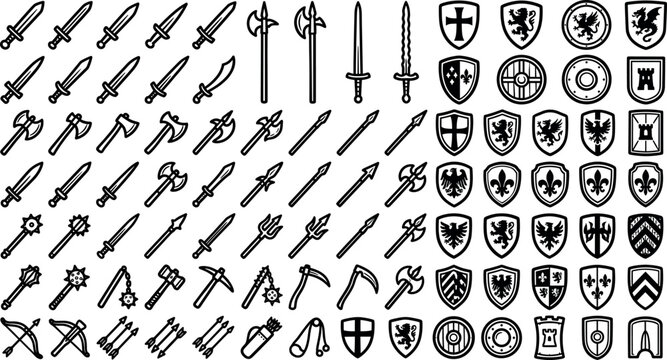 Medieval weapons and heraldic shields armor line icons set with knight swords axes spears coats of arms vector symbols