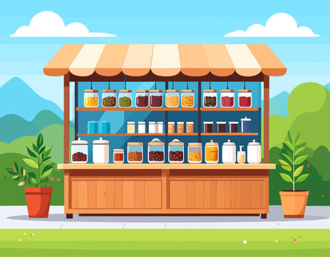 Spice market stand filled with glass jars containing colorful seasonings and powders on wooden shelves. Flat vector illustration.