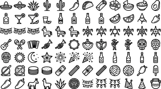 Mexican culture fiesta party and traditional food line icons set featuring taco tequila pinata mariachi outline vector symbols