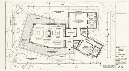 Fototapeta premium Architectural floor plan drawing of a modern residential house with terrace and master bedroom suite
