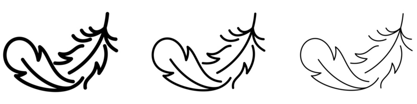 Set of feather icons, symbols for lightness, flight, writing, nature, and creativity. Vector illustration