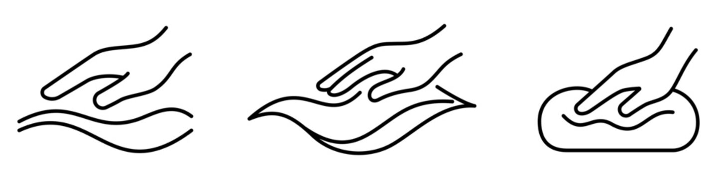 Set of hand interaction with various surfaces and materials icons, symbols for care, quality control, tactile sensations, and household processes. Vector illustration
