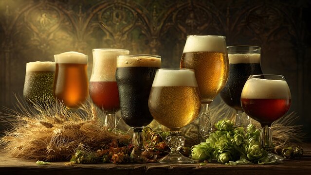 Glasses of various craft beer styles served on a rustic wooden table