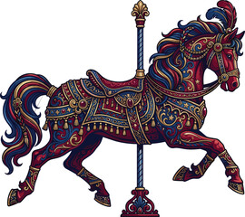 Ornate vintage carousel horse vector illustration with detailed golden decorations and colorful saddle isolated on white background © Shuvo