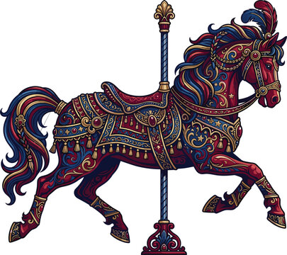 Ornate vintage carousel horse vector illustration with detailed golden decorations and colorful saddle isolated on white background