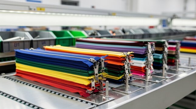 Stacks of colorful zippers organized in a factory for production