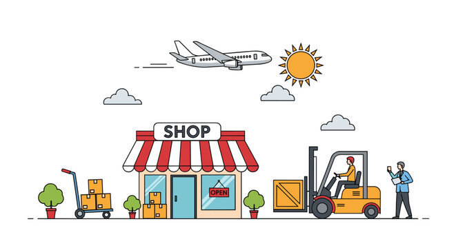 Retail shop logistics and shipping process showing a store front with cargo forklift and airplane transport.