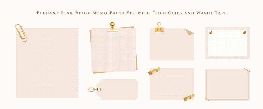 Elegant Pink and Beige Memo Paper and Sticky Note Set with Gold Clips and Washi Tape