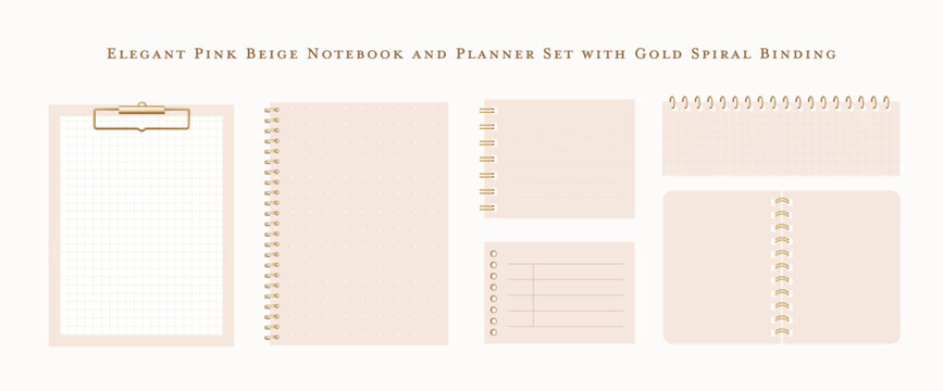 Elegant Pink and Beige Notebook and Planner Set with Gold Spiral Binding and Clipboard