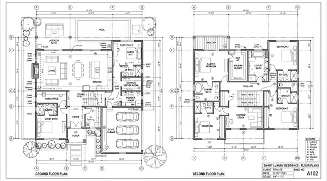 Architectural floor plans for ground and upper levels of a luxury residence