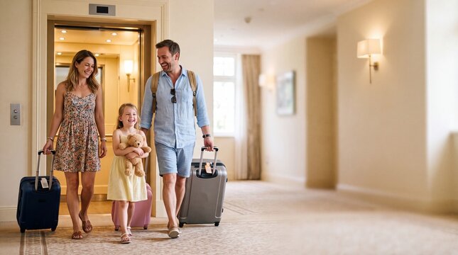A happy family with luggage walks through a hotel corridor, ready for their vacation.