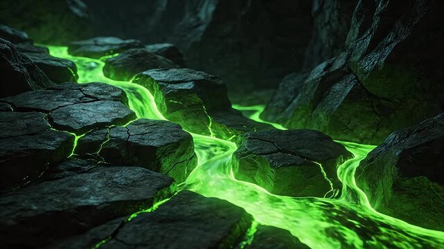 Glowing green stream in rocky terrain
