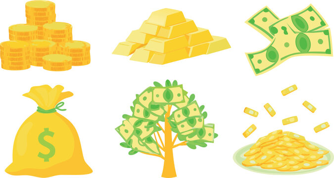 Wealth & Money Symbol Set (Coins, Gold Bars, Tree)