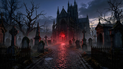 Obraz premium Gothic church and graveyard at dusk with red glow, spooky Halloween scene.