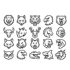 Fototapeta premium 20 Wild Animal Head Mascot Logo Set Collection Vector Outline Icons – Lion, Tiger, Wolf, Bear, Eagle, Bull, Rhino, Deer, Horse, Gorilla, Fox, Boar, Panther, Snake, Owl, Crocodile, Shark and Dragon