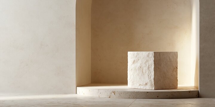 Minimalist stone cube on pedestal display