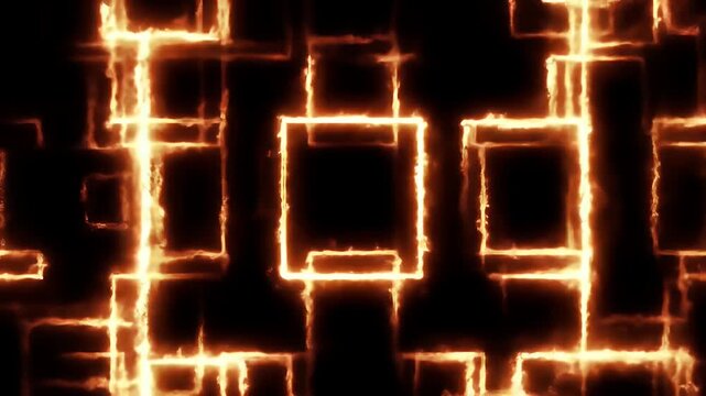 Fiery geometric grid patterns glowing intensely against a dark background.