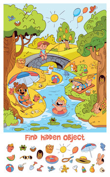Educational kids illustration. Summer. Find hidden objects. Puzzle with children, animals, and river scene. Enhances attention, observation, and visual perception through fun learning play. Vector