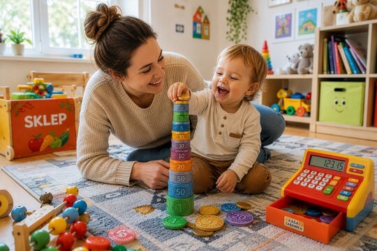 Małe dziecko układa wieżę z kolorowych monet z mamą w pokoju zabaw