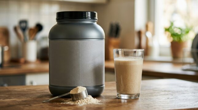 Protein Powder Container with a Glass of Milk on a Kitchen Table