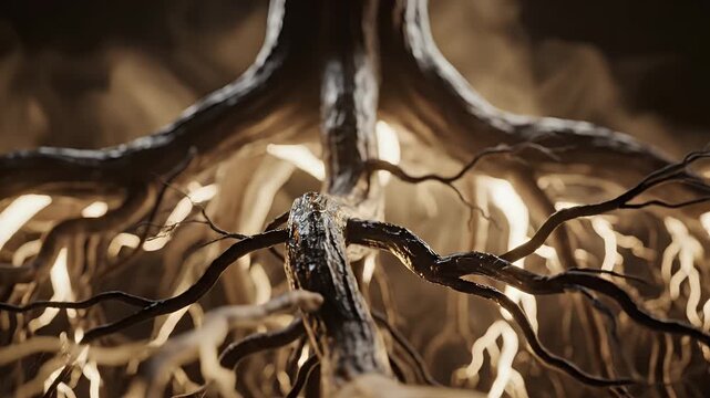 Abstract depiction of glowing tree roots in darkness.